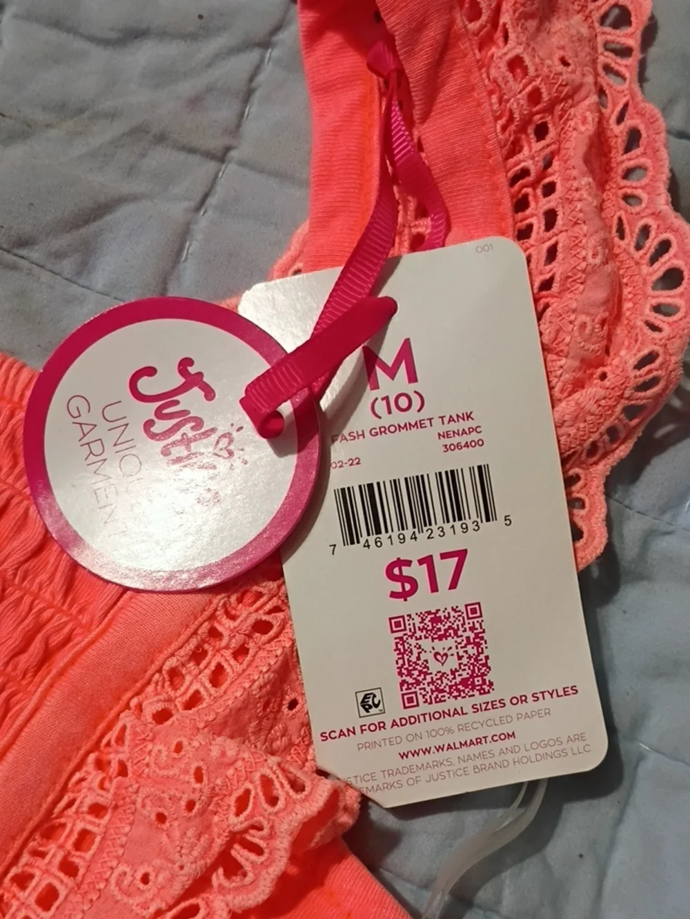 New Justice Girls Size 10 Medium Coral Fashion Grommet tank .
